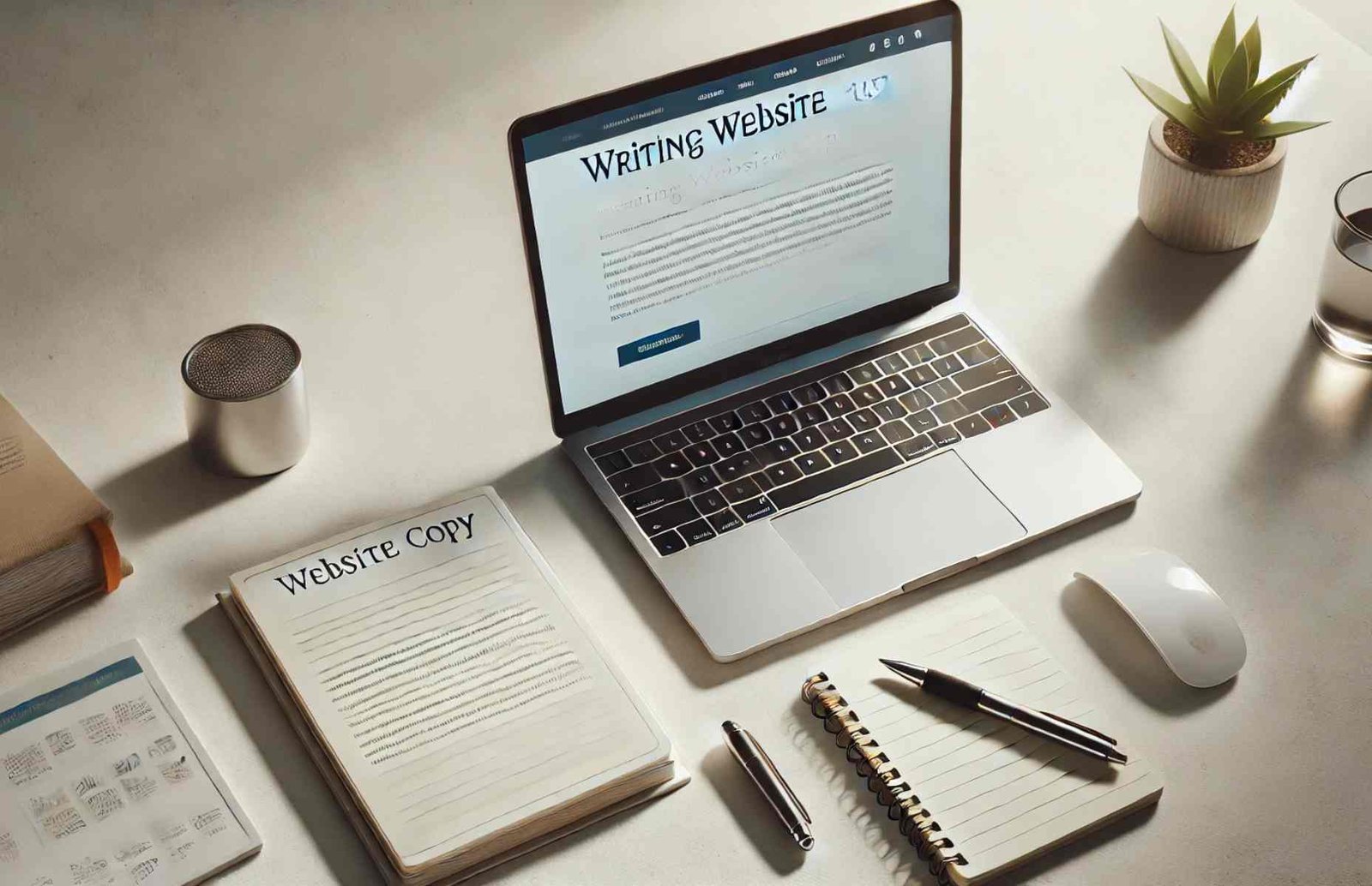 A flat lay of a notepad, pen, and laptop showing website text being typed.