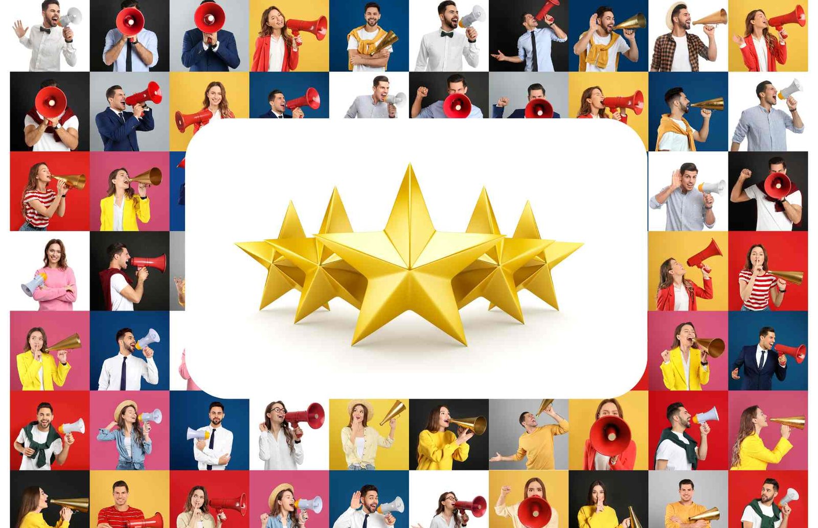 A graphic showing a five-star review with customer headshots around it.